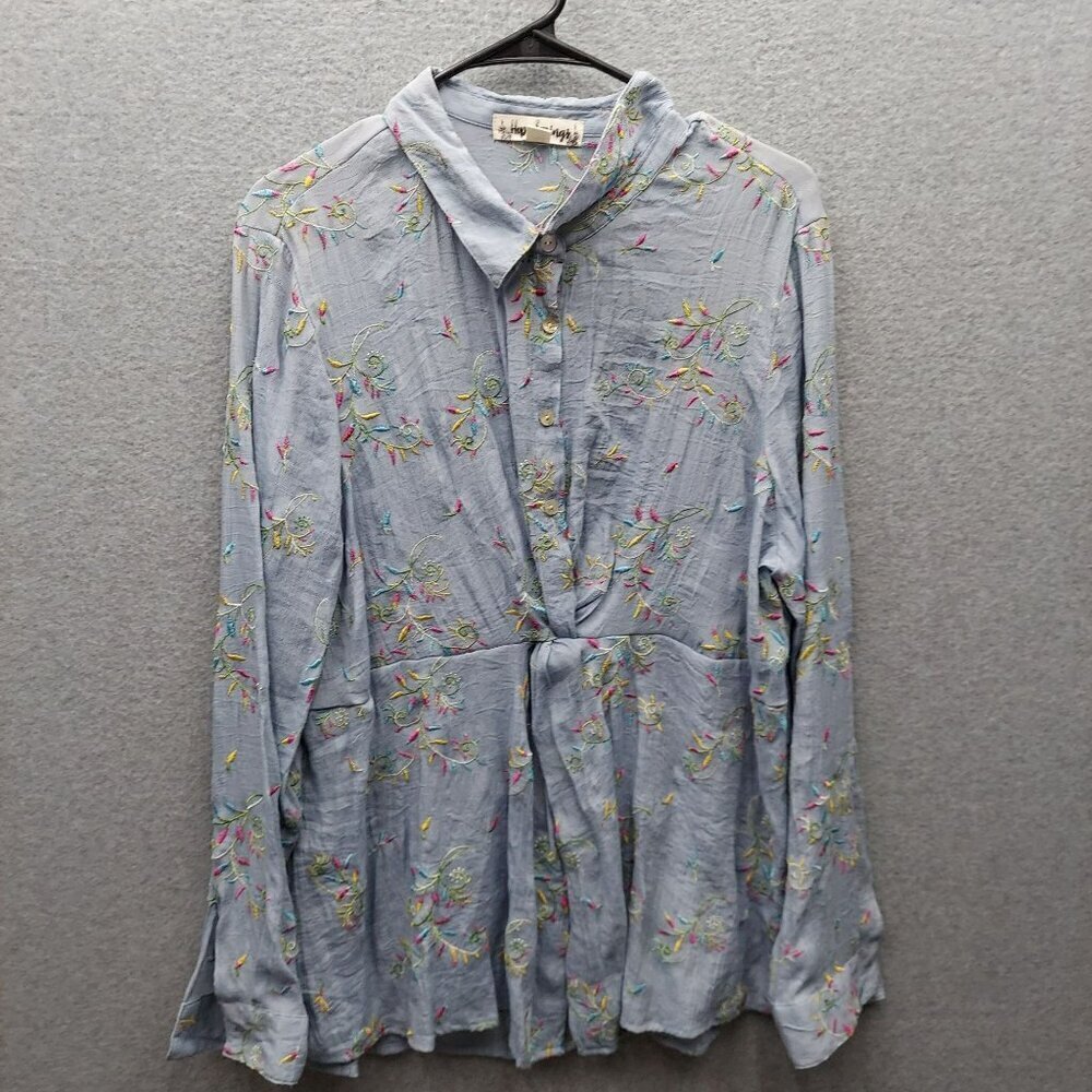 Hope Springs XXL Womens Button-Down Blouse With Floral Embroidery